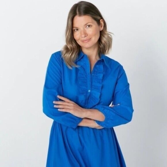 GUILLAUME Shirt Midi Dress w/ Scalloped Eyelet Hem Blue Sz S - Picture 2 of 14